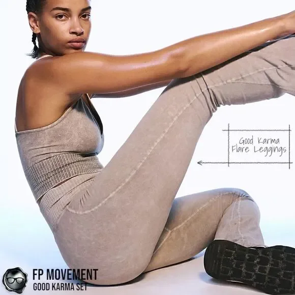 FP MOVEMENT GOOD KARMA SET: CROP TANK BRA + FLARE LEGGINGS IN MUSHROOM & GREEN - Picture 8 of 15